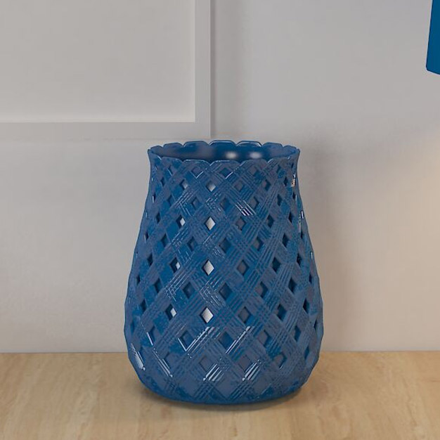 Porcelain glossy blue vase with copyright