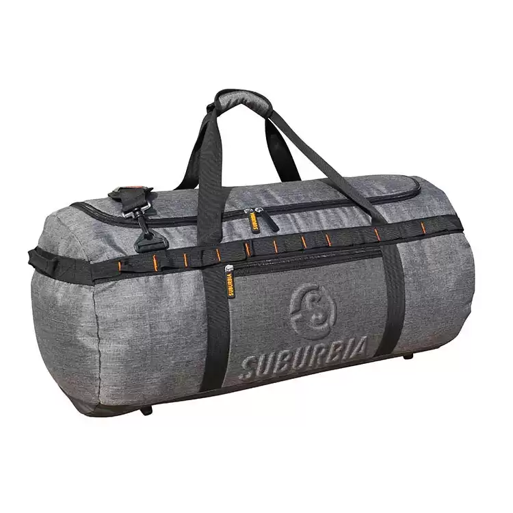 Custom large capacity duffel bag made of durable two tone and reverse fabric for travel and sports