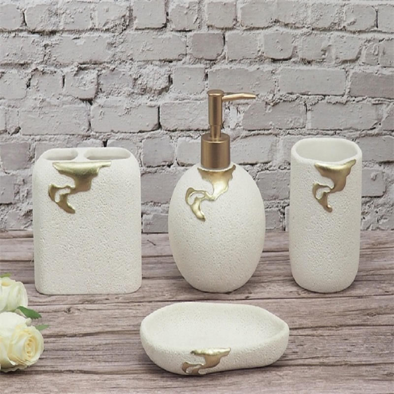 Resin bathroom accessory white stone golden line eco-friendly decoration 4 set bathroom accessory