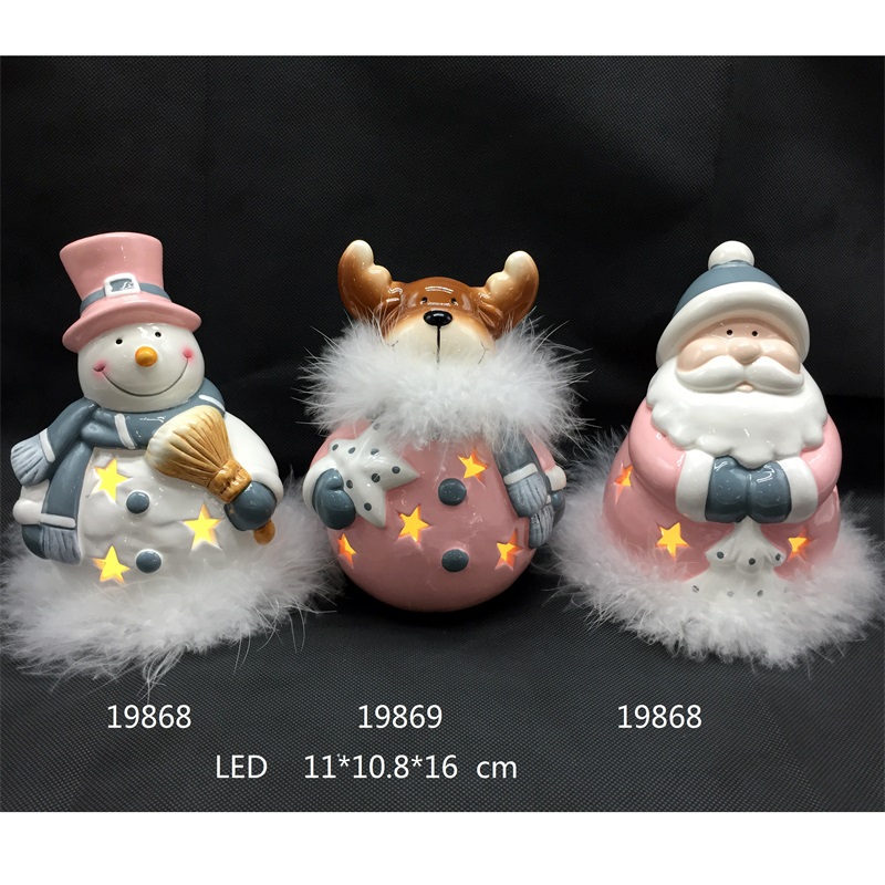 Ceramic Santa and Snowman and Deer with LED and Feather, Fashion Color