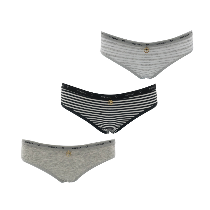 LS-102 LADIES BRIEFS IN STRETCHED COTTON WITH JACQUARD WAISTBAND,GREY MEL + YARN DYED STRIPES