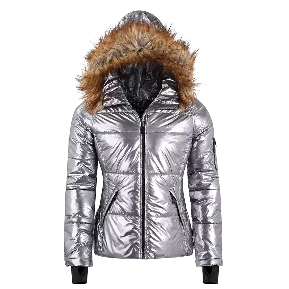 Women's padding jacket with faux fur trim and wood