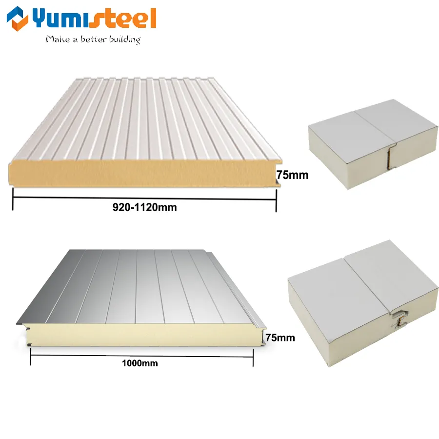 75mm PU insulated metal wall sandwich panels for steel buildings