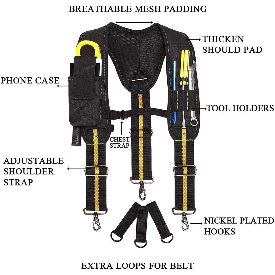 Adjustable Tool Belt Work Padded Suspenders with Mobile Phone, Tape and Pencil Holder