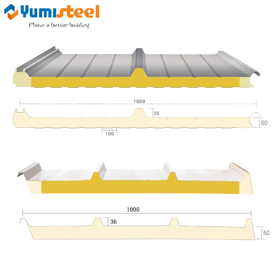 50mm Polyurethane sealing rockwool/glass wool sandwich panel roof
