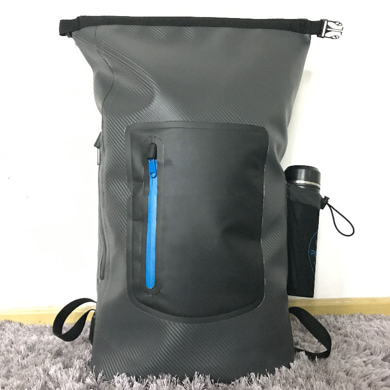 30L dry roll-top backpack made by durable texture PVC tarpaulin and with foam straps and padded back