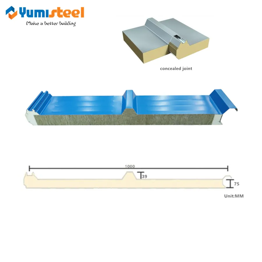 75mm Sound Absorption Rockwool Sandwich Roofing Panel with PU Edges