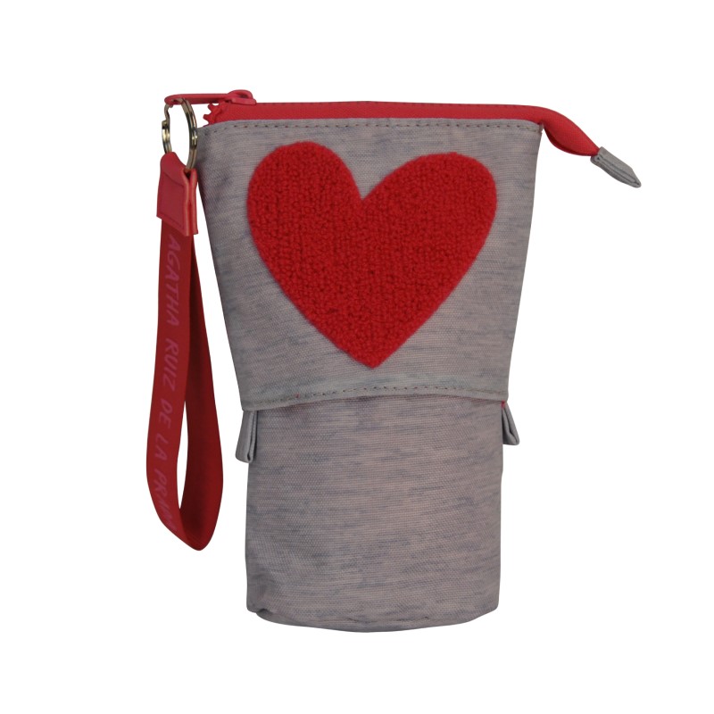 OEM Collapsible stationery pencil bag with a heart-shaped embroidery and a hand strap