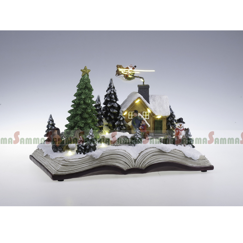 Open book Xmas Scene, turning tree and Santa Sleigh, LED lit