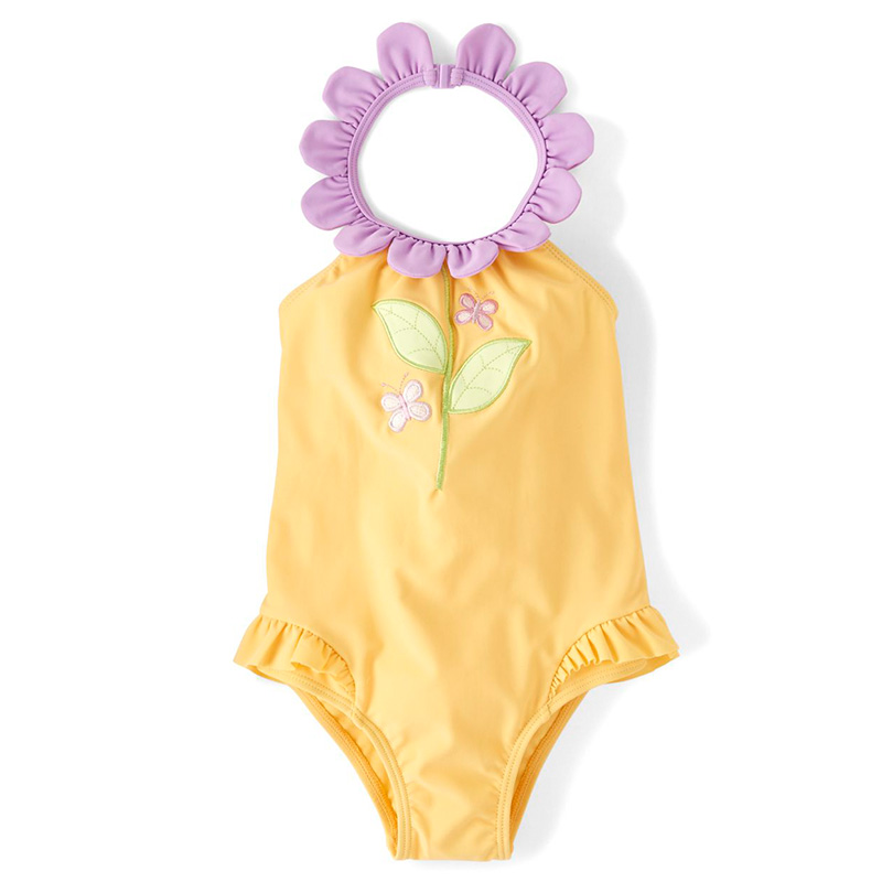 Girl's Embroidery butterflies and flower stem one piece swimsuit