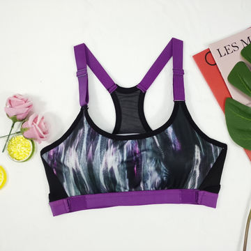 Women's recycled sublimation printed sports bra with removable padding & elastic shoulder strap