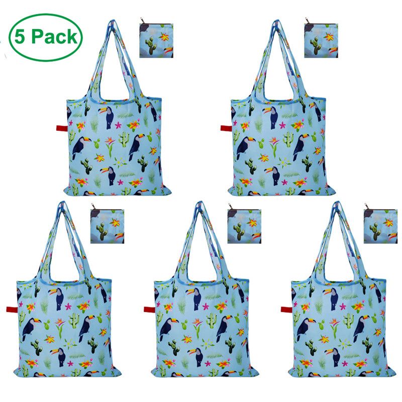 Rip-Stop Fabric & Waterproof Large Cute Groceries Totes Bags with zip pouch 5 Pack