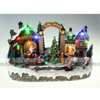 LED Lighting Polyresin Christmas Scene Family Taking Photos with Santa in front of the house