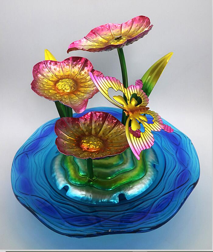 Glass With  Metal Flower Water Fountain Indoor Table Top Decoration Garden Supplies