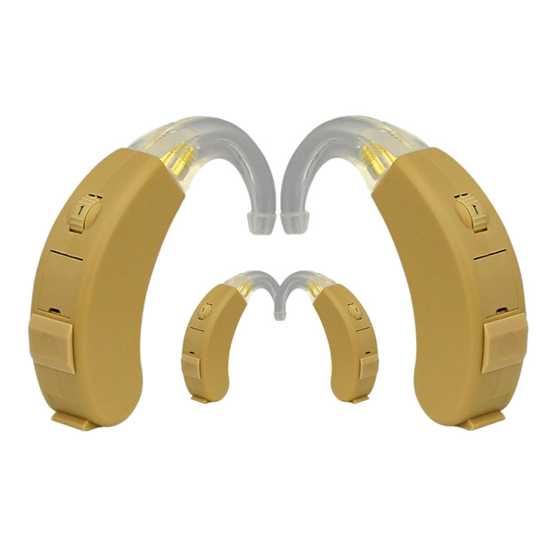 Beige behind-the-ear (BTE) analog hearing aids with classic Class-D circuit hearing aids