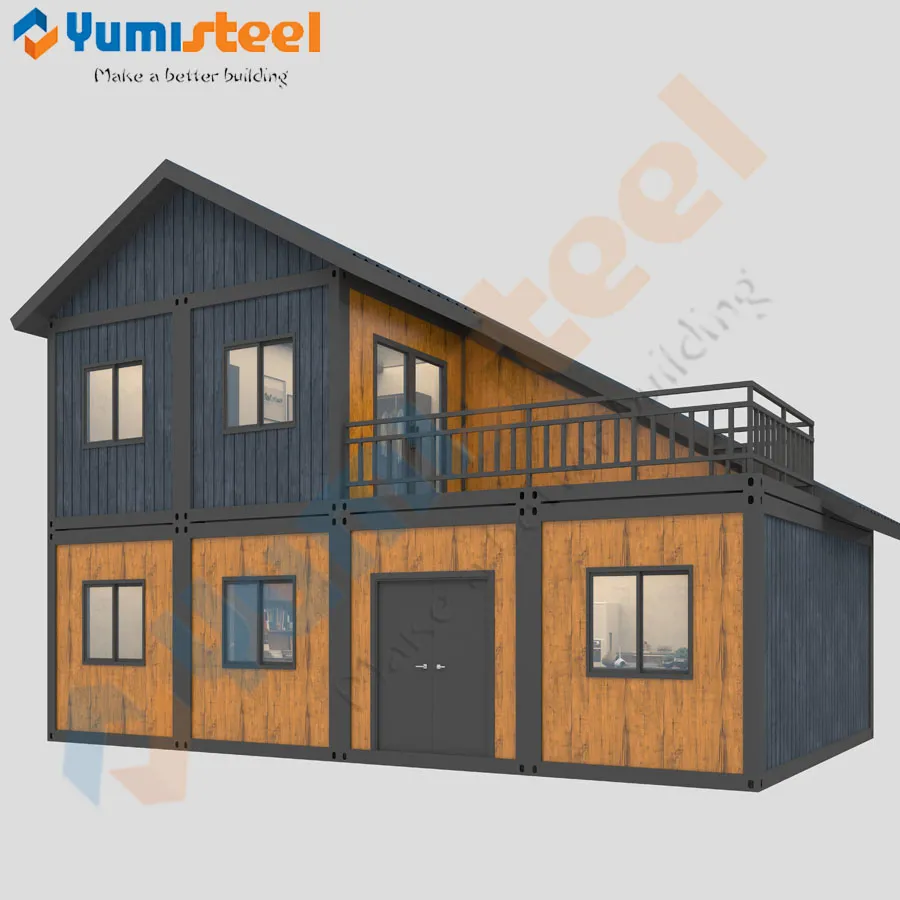 Sloping roof container house with home office