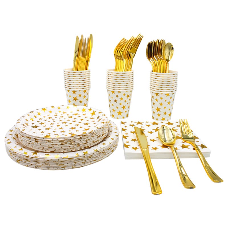 Gold Star Theme Disposable Tableware Serves Dinner Plates,Salad Plates,Napkins,Paper Cups, Paper Straws,Tablecloth For Wedding,Anniversary,Birthday,Baby Shower Manufacturer