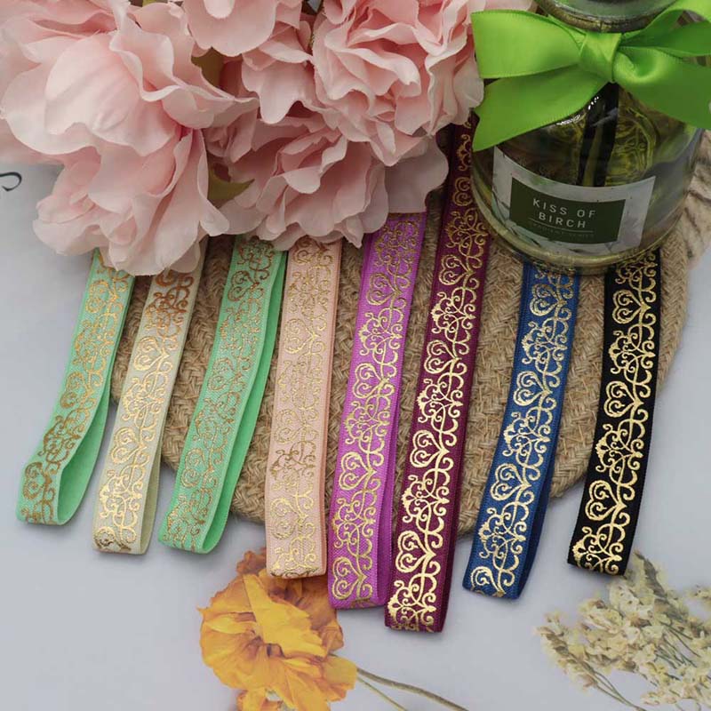 5/8 inches gold foil flower wisteria printed fold over elastic ribbon for head bands