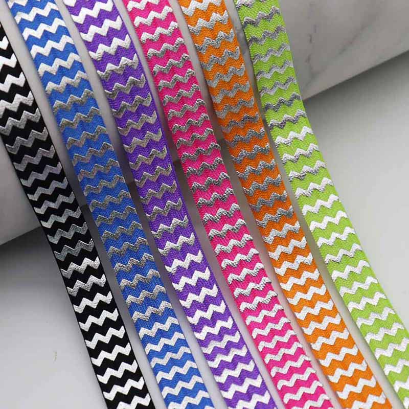 Wholesale silver foil chevron printed fold over elastic ribbon for hair ties