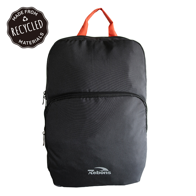 Black recycled RPET fabric backpack bag from plastic bottles