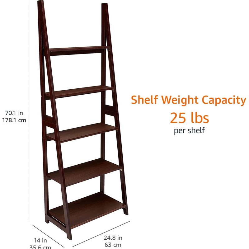 Basics Modern 5-Tier Ladder Bookshelf Organizer Solid Rubberwood Frame White and Walnut