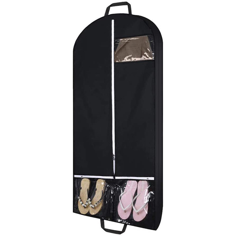 Black polyester clothing dust-proof bag multiple transparent pockets clothing storage bag with side girth suit cover