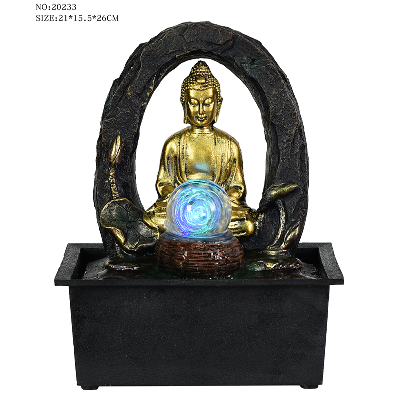 Very nice resin tabletop religious buddha water fountain with glass ball for indoor decor