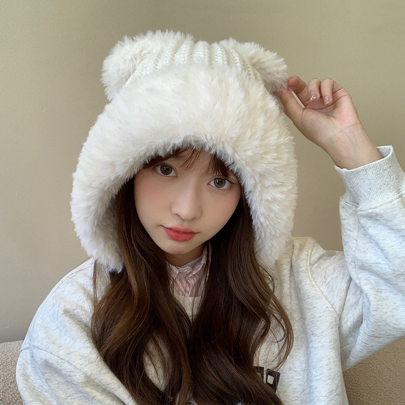 2023 New Winter Plush Ear Protection Cute Little Bear Ear Knitted Wool Hat Windproof and Warm Hat