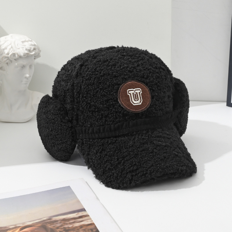 New lamb wool baseball cap with embroidered ear protection patches ear protection can be removed