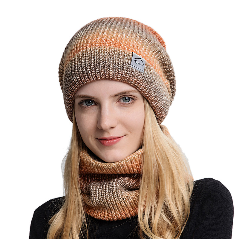 New products knitted scarf and hat Gradient color knitted hat and scarves integrated hot sales winter wearing style.