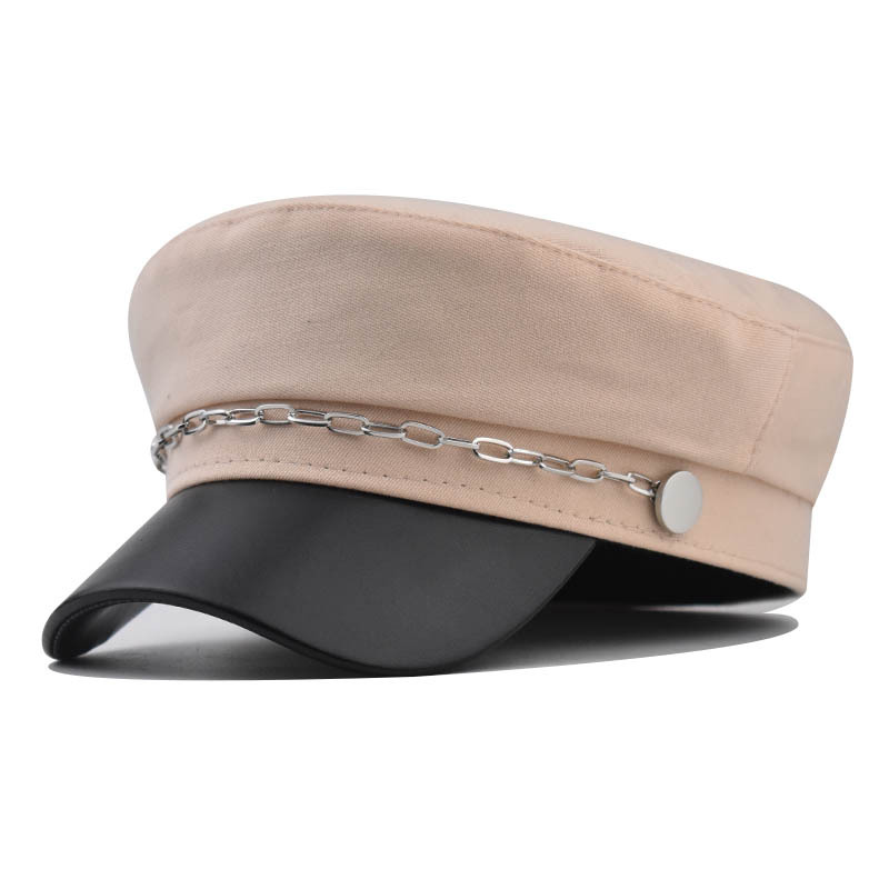 PU leather silver chain beret hat versatile temperament 2023 New octagonal hat