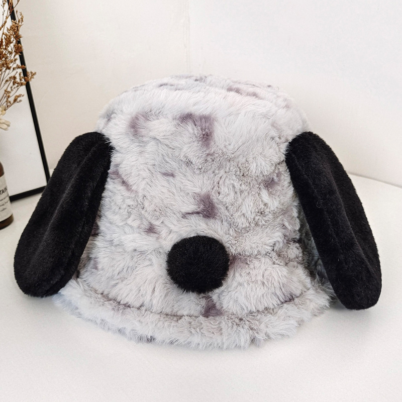 Cute little dog ear fisherman hat for women in autumn and winter versatile plush warm ear protection basin hat